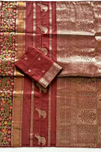 Brown Color Jari Jaqurad Weaving With Minakari Jaal Work Georgette Saree