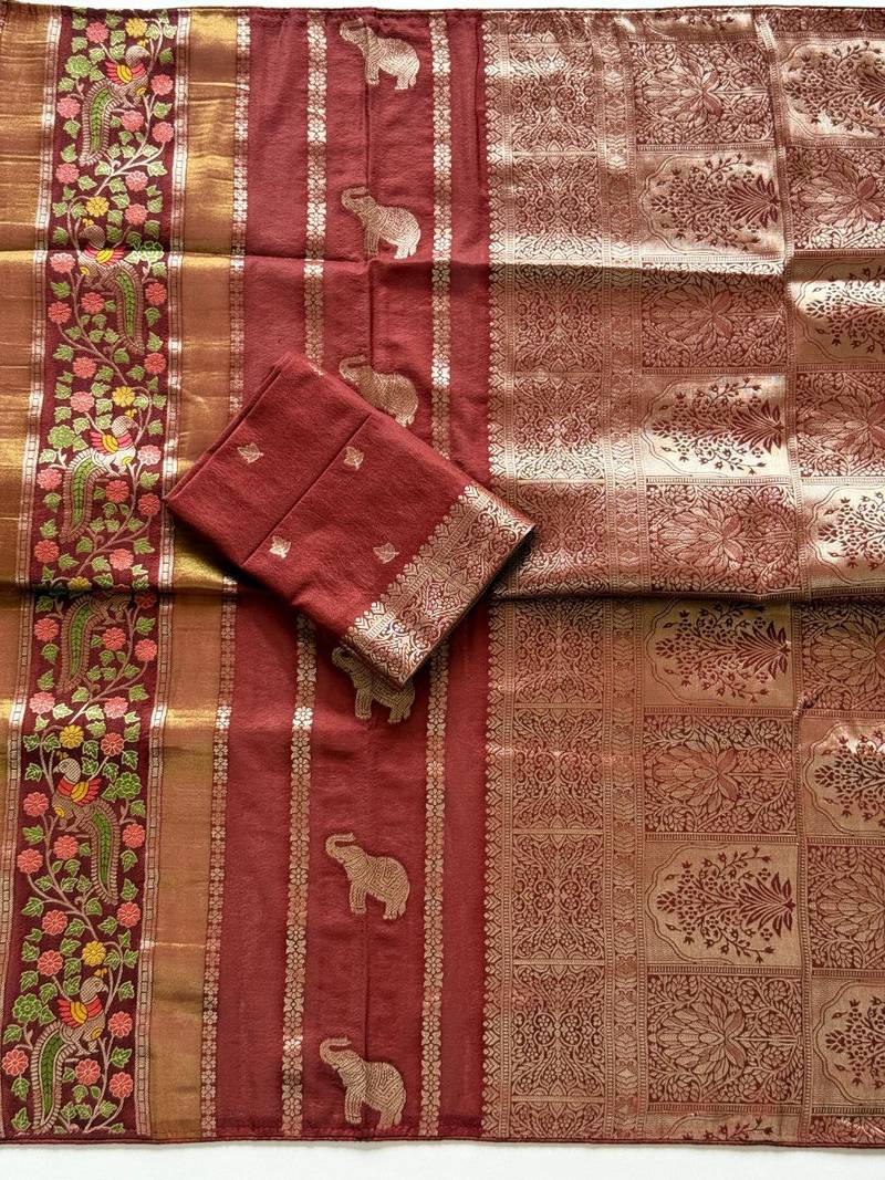 Brown Color Jari Jaqurad Weaving With Minakari Jaal Work Georgette Saree