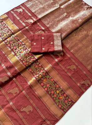 Brown Color Jari Jaqurad Weaving With Minakari Jaal Work Georgette Saree 2