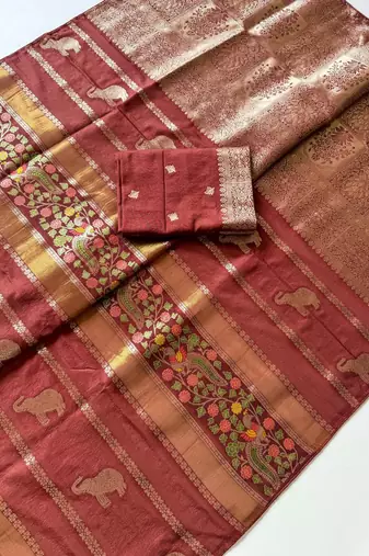 Brown Color Jari Jaqurad Weaving With Minakari Jaal Work Georgette Saree
