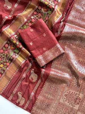 Brown Color Jari Jaqurad Weaving With Minakari Jaal Work Georgette Saree 3