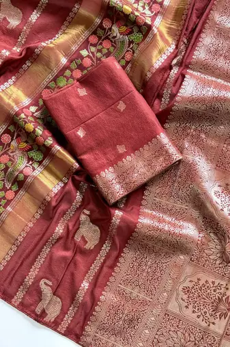 Brown Color Jari Jaqurad Weaving With Minakari Jaal Work Georgette Saree