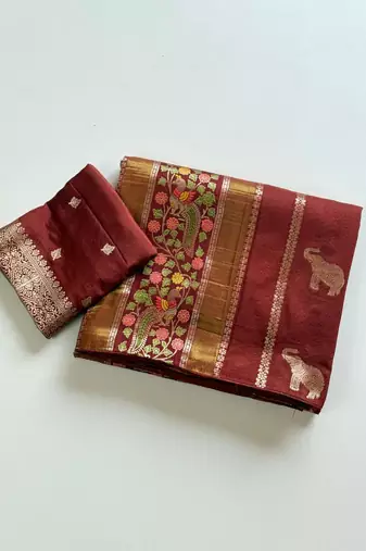 Brown Color Jari Jaqurad Weaving With Minakari Jaal Work Georgette Saree