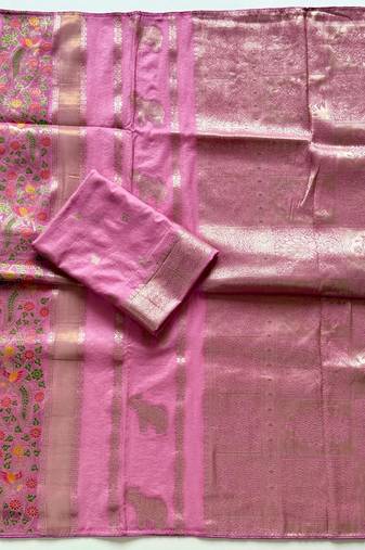 Pink Color Jari Jaqurad Weaving With Minakari Jaal Work Georgette Saree