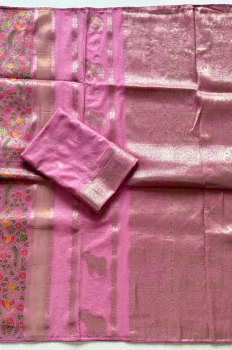 Pink Color Jari Jaqurad Weaving With Minakari Jaal Work Georgette Saree