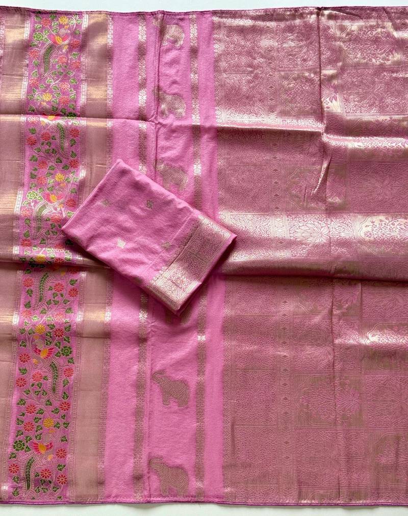 Pink Color Jari Jaqurad Weaving With Minakari Jaal Work Georgette Saree