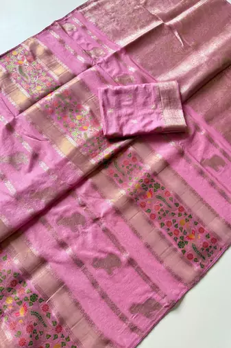 Pink Color Jari Jaqurad Weaving With Minakari Jaal Work Georgette Saree
