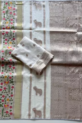 White Color Jari Jaqurad Weaving With Minakari Jaal Work Georgette Saree