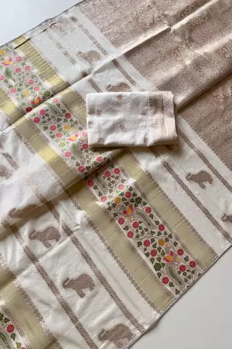 White Color Jari Jaqurad Weaving With Minakari Jaal Work Georgette Saree
