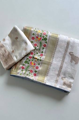 White Color Jari Jaqurad Weaving With Minakari Jaal Work Georgette Saree