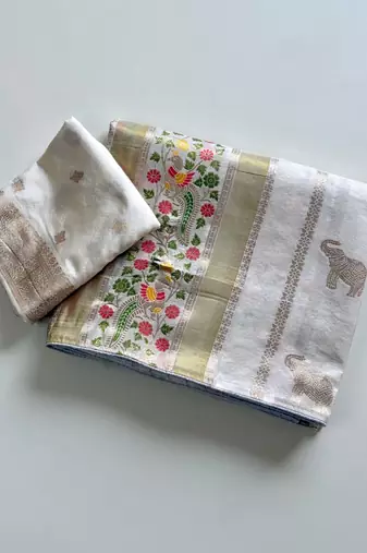 White Color Jari Jaqurad Weaving With Minakari Jaal Work Georgette Saree