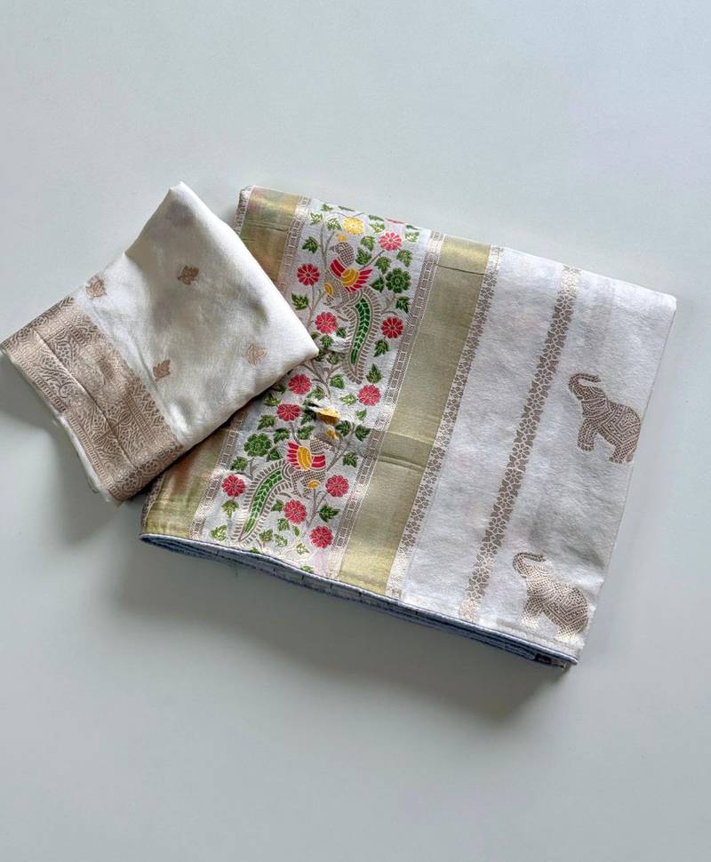 White Color Jari Jaqurad Weaving With Minakari Jaal Work Georgette Saree