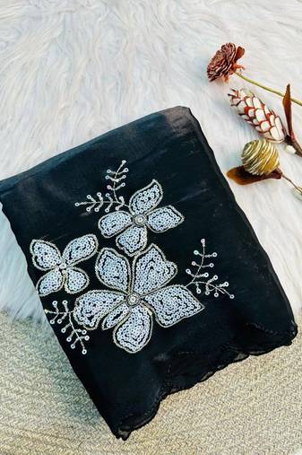 Black Color embroidery sequence work Organza Saree