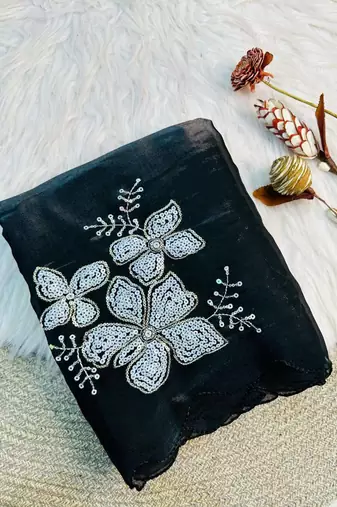 Black Color embroidery sequence work Organza Saree