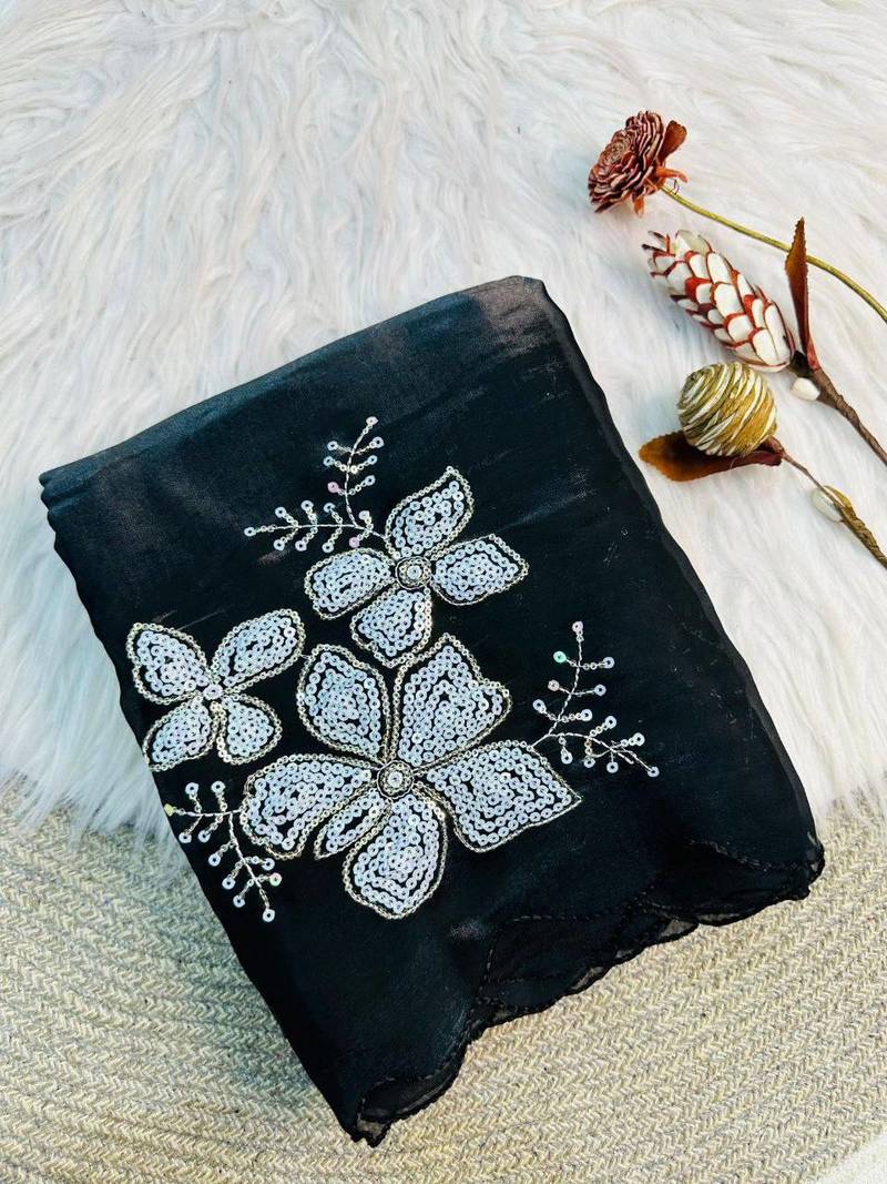 Black Color embroidery sequence work Organza Saree