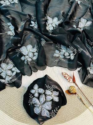 Black Color embroidery sequence work Organza Saree 2
