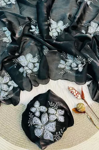 Black Color embroidery sequence work Organza Saree