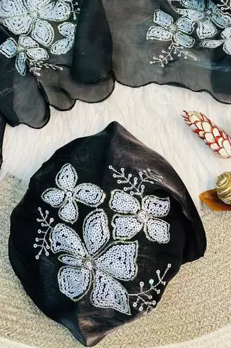 Black Color embroidery sequence work Organza Saree