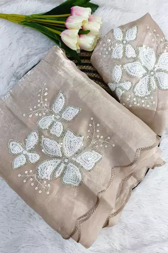 Cream Color embroidery sequence work Organza Saree