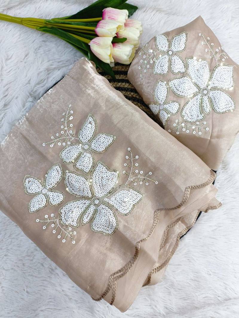 Cream Color embroidery sequence work Organza Saree