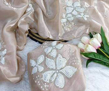 Cream Color embroidery sequence work Organza Saree 3