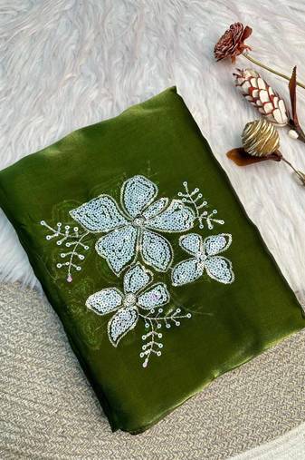 Green Color embroidery sequence work Organza Saree