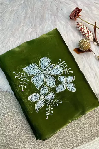 Green Color embroidery sequence work Organza Saree