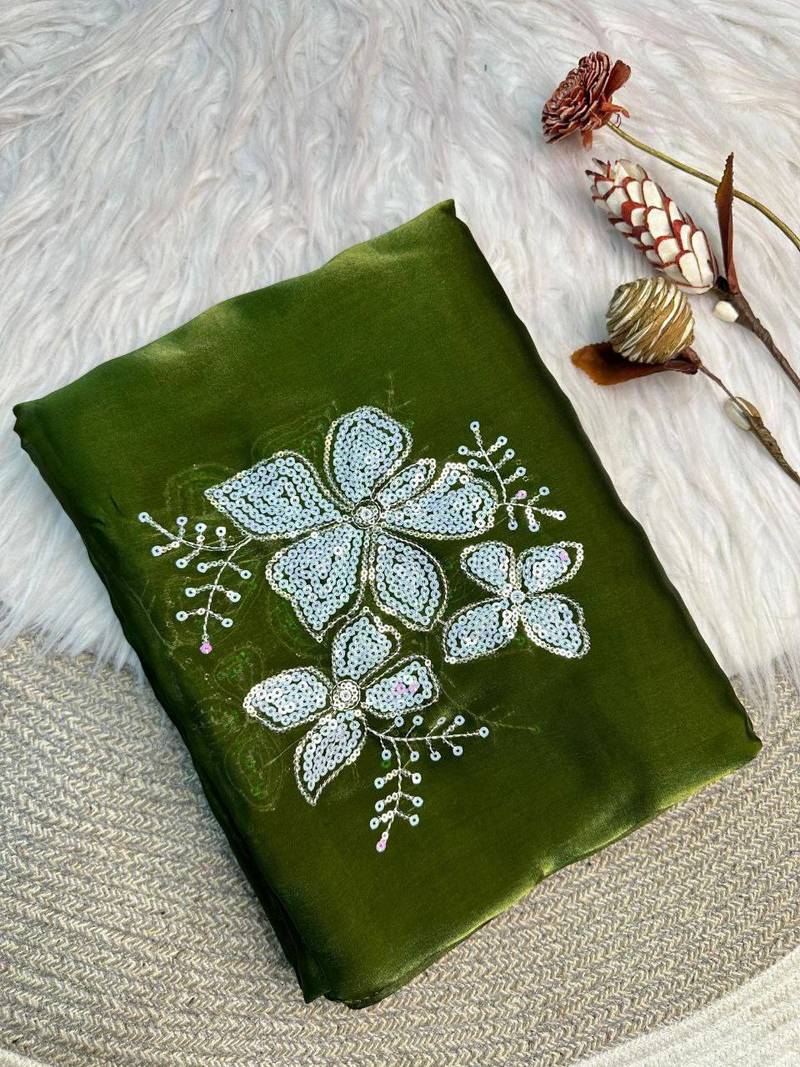 Green Color embroidery sequence work Organza Saree