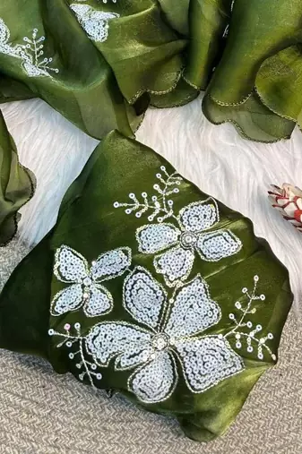 Green Color embroidery sequence work Organza Saree