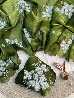 Green Color embroidery sequence work Organza Saree 3