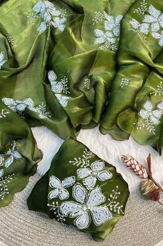 Green Color embroidery sequence work Organza Saree