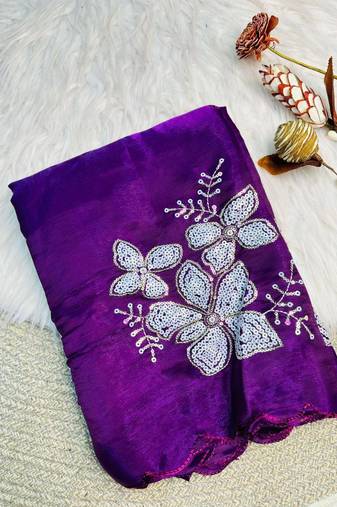 purple Color embroidery sequence work Organza Saree