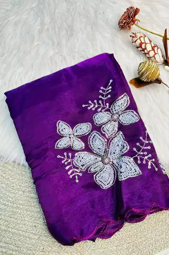 purple Color embroidery sequence work Organza Saree