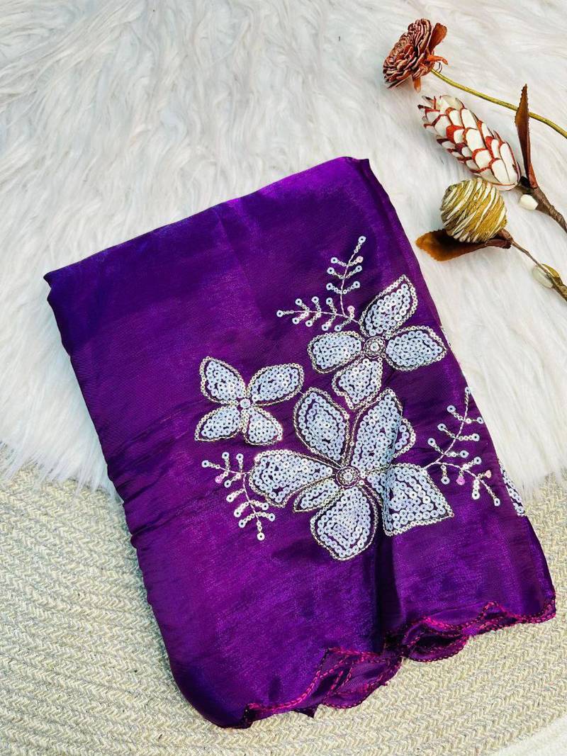 purple Color embroidery sequence work Organza Saree