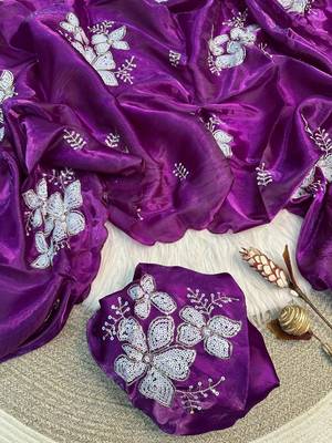 purple Color embroidery sequence work Organza Saree 2