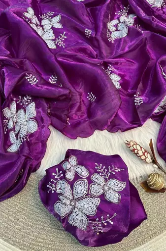 purple Color embroidery sequence work Organza Saree