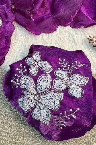 purple Color embroidery sequence work Organza Saree