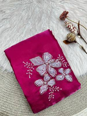 Rani Pink Color embroidery sequence work Organza Saree 1