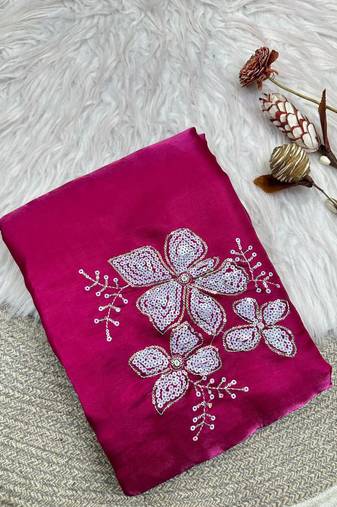 Rani Pink Color embroidery sequence work Organza Saree