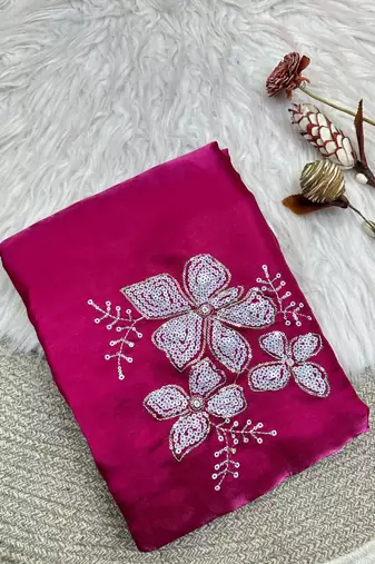 Rani Pink Color embroidery sequence work Organza Saree