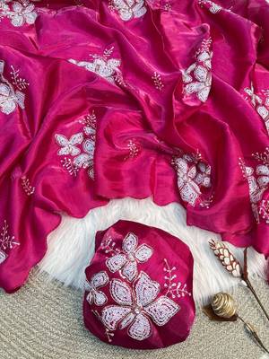 Rani Pink Color embroidery sequence work Organza Saree 2