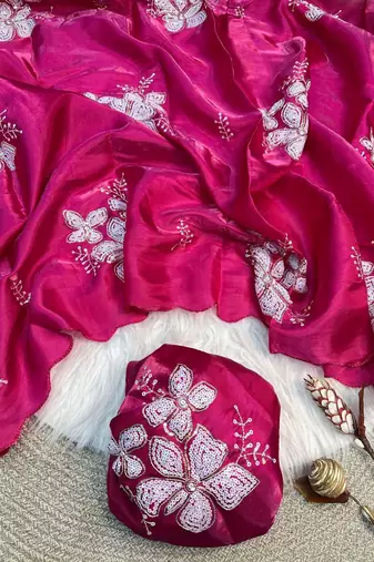 Rani Pink Color embroidery sequence work Organza Saree