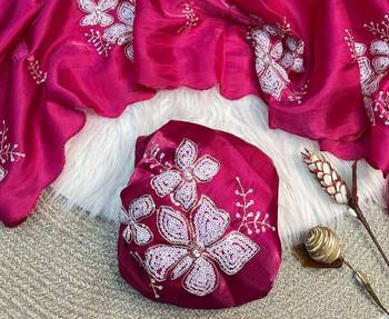 Rani Pink Color embroidery sequence work Organza Saree 3