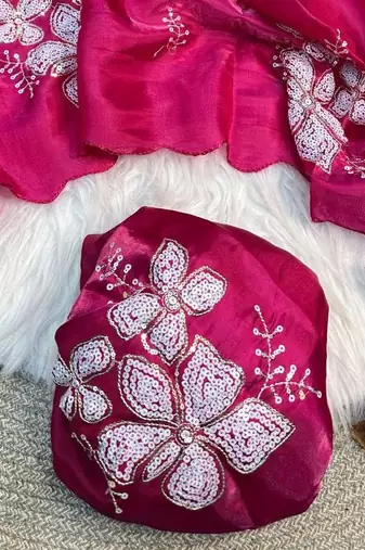 Rani Pink Color embroidery sequence work Organza Saree