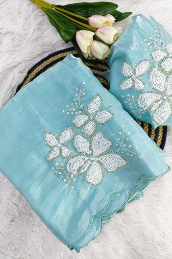Sky-Blue Color embroidery sequence work Organza Saree
