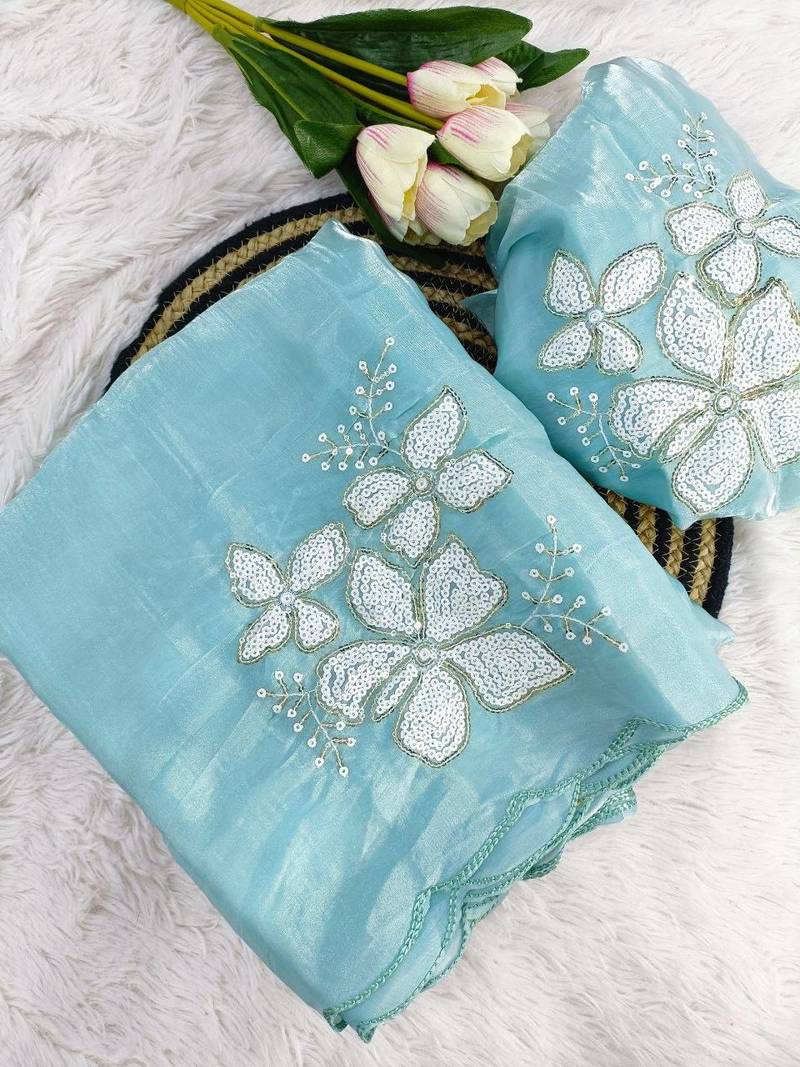 Sky-Blue Color embroidery sequence work Organza Saree