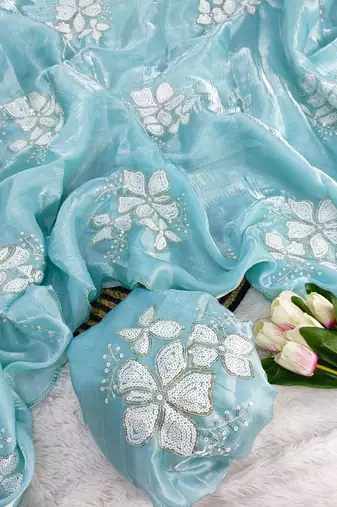 Sky-Blue Color embroidery sequence work Organza Saree