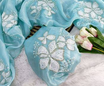 Sky-Blue Color embroidery sequence work Organza Saree 3
