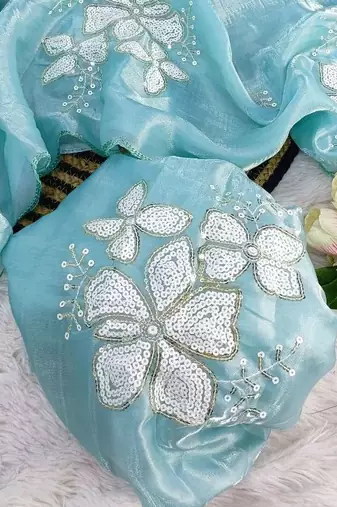 Sky-Blue Color embroidery sequence work Organza Saree