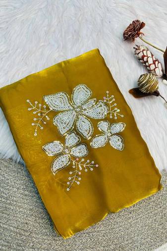 Yellow Color embroidery sequence work Organza Saree